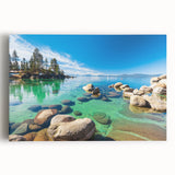 Stretched canvas wall art depicting serene lake landscapes with vibrant colors and intricate details, perfect for enhancing home decor and creating a calming atmosphere.