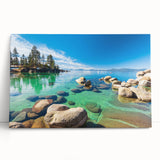 Stretched canvas wall art featuring a serene lake landscape design with vibrant colors and intricate details, showcasing natural beauty for home decor.