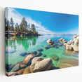 Stretched canvas wall art showcasing a serene lake landscape design with vibrant colors and intricate details, perfect for enhancing home decor aesthetics. The artwork captures the tranquil essence of nature, featuring lush greenery, calm waters, and a clear sky, making it an ideal choice for nature lovers seeking to create a peaceful atmosphere in their living space.