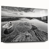Acrylic glass wall art collection showcasing vibrant landscapes and serene lakes, displayed from a side view without pins, emphasizing its modern design and colorful details.
