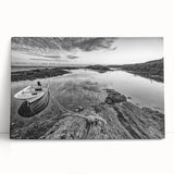 Stretched canvas wall art showcasing a serene lake landscape with vibrant blues and greens, perfect for enhancing home decor and creating a tranquil atmosphere.