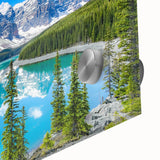 Close-up of a vibrant acrylic glass wall art piece showcasing serene lake landscapes, featuring rich blues and greens, perfect for modern home decor.