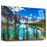 Acrylic glass wall art collection showcasing a serene lakeside landscape, featuring vibrant colors and intricate details, displayed at a side view with stylish pins. Perfect for enhancing home decor with natural beauty and tranquility.