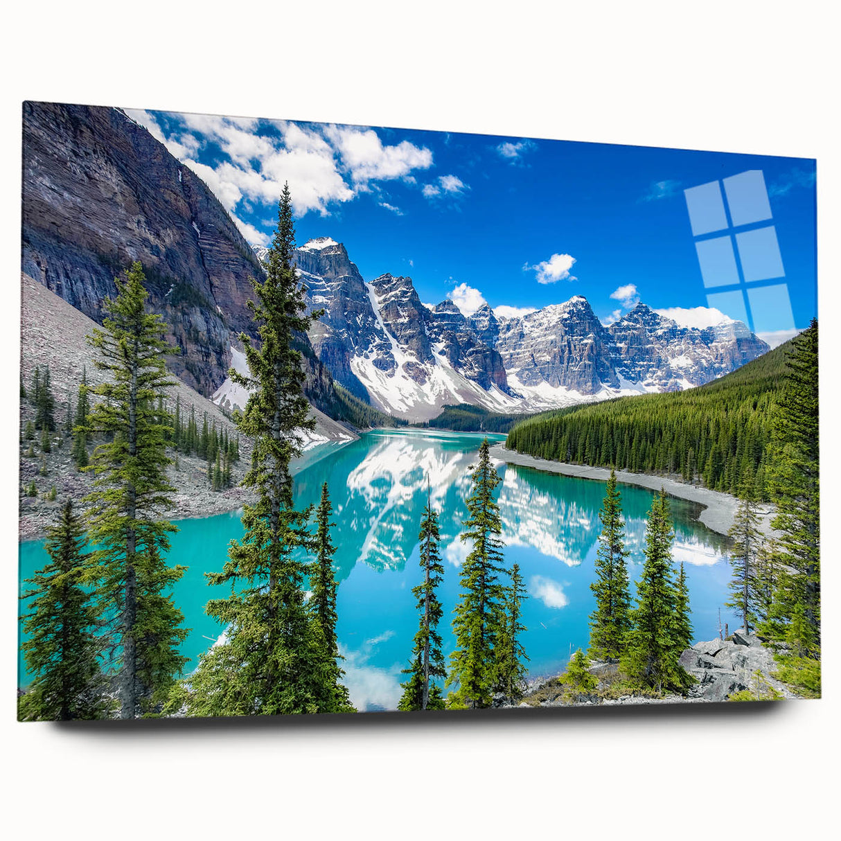 Acrylic glass wall art displaying a serene landscape with a tranquil lake, vibrant colors reflecting nature's beauty, perfect for modern decor.