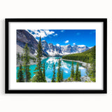Framed black wall art showcasing a serene lake landscape design, featuring soft blues and greens, perfect for enhancing modern home decor with natural tranquility.