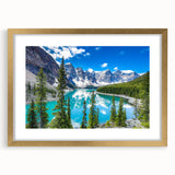 Elegant gold-framed wall art featuring a serene lake landscape, complete with a white mat for added depth, perfect for enhancing home decor in living spaces.