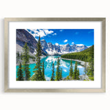 Framed wall art collection showcasing a serene lakeside landscape, featuring a silver frame and white mat, perfect for enhancing home decor with nature-inspired elegance.