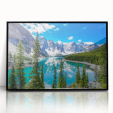 Framed acrylic wall art featuring a serene lakeside landscape design, presented in a sleek black frame, perfect for enhancing modern home decor.