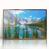 Framed acrylic wall art featuring serene landscape and lake design with gold accents, perfect for modern decor. Ideal for living rooms or offices.