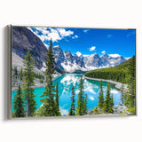 Framed canvas wall art showcasing a serene lakeside landscape with vibrant colors and detailed reflections, set against a stylish silver frame for modern decor.