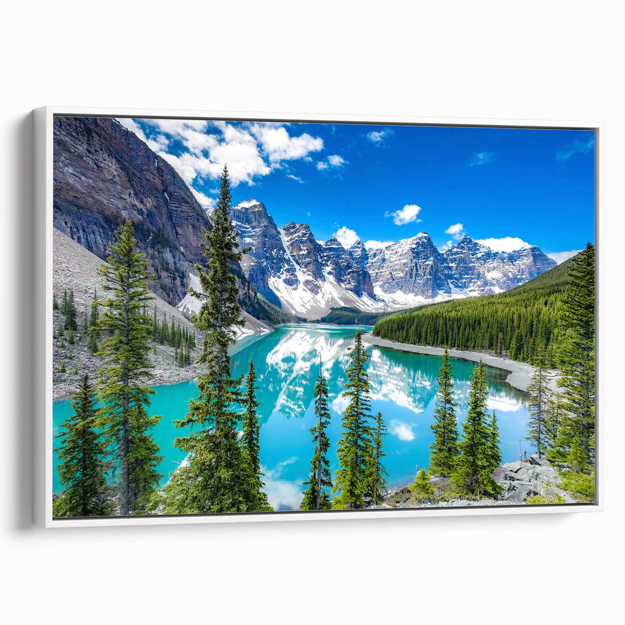 Framed wall art featuring a serene lakeside landscape design, showcasing vibrant blues and greens, with a white border, perfect for home décor.