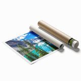 Stunning landscape wall art print depicting serene lakes surrounded by lush greenery, rolled for easy transport and displayed in a protective cardboard tube. Ideal for nature enthusiasts and home decor lovers.