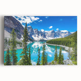 Stretched canvas wall art depicting a serene lakeside landscape at sunset, featuring vibrant colors of orange and blue, perfect for home decor and tranquility.