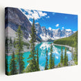Stretched canvas wall art depicting serene lakeside landscape with vibrant blues and greens, perfect for adding tranquility to home decor.