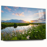 Acrylic glass wall art piece showcasing a serene lakeside landscape design, capturing vibrant colors and intricate details, ideal for home decor enhancement.