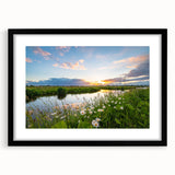 Framed black wall art featuring a serene lake landscape design with a mat, ideal for modern home decor. The artwork showcases tranquil colors that enhance any interior space.