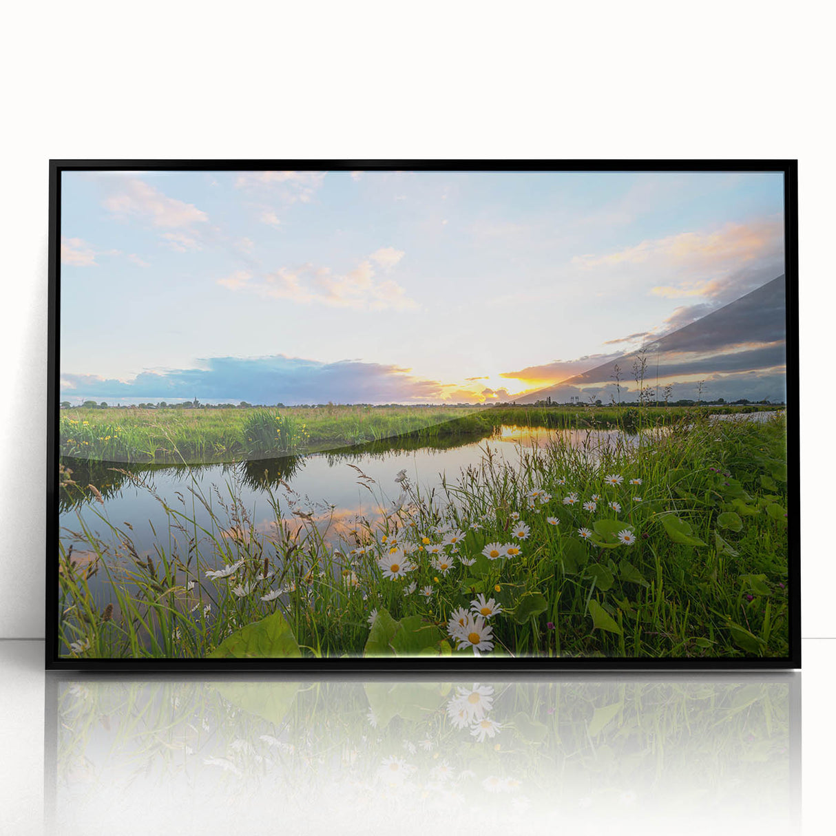 Framed black acrylic wall art showcasing a serene lake landscape with vibrant colors, perfect for enhancing modern home decor and adding a calming touch.