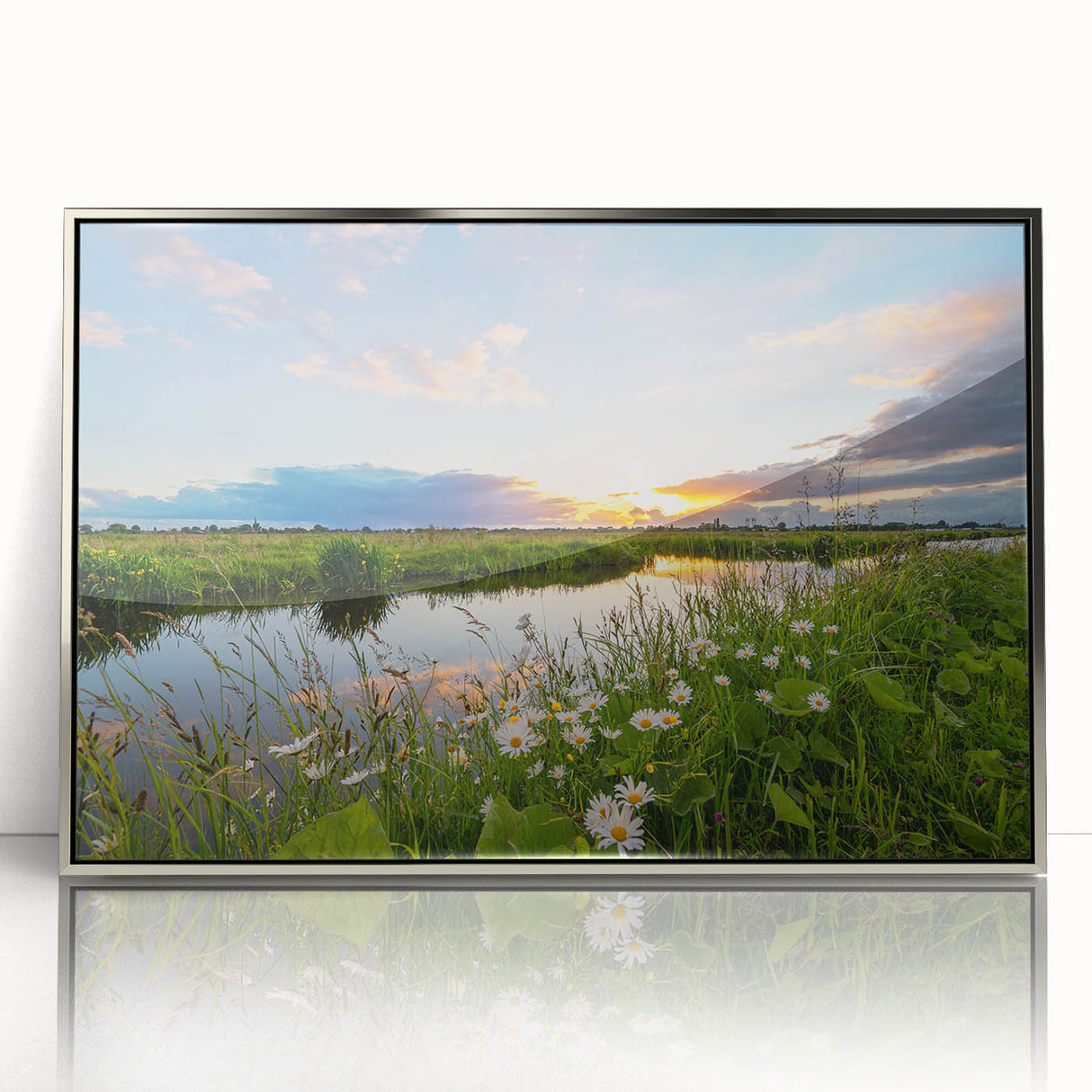 Framed acrylic wall art showcasing a serene lake landscape design with vibrant colors and silver accents, ideal for enhancing modern home decor.