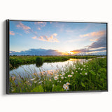 Framed canvas wall art showcasing a serene lake landscape with vibrant colors, black frame, and side view highlighting depth and elegance, perfect for home decor.