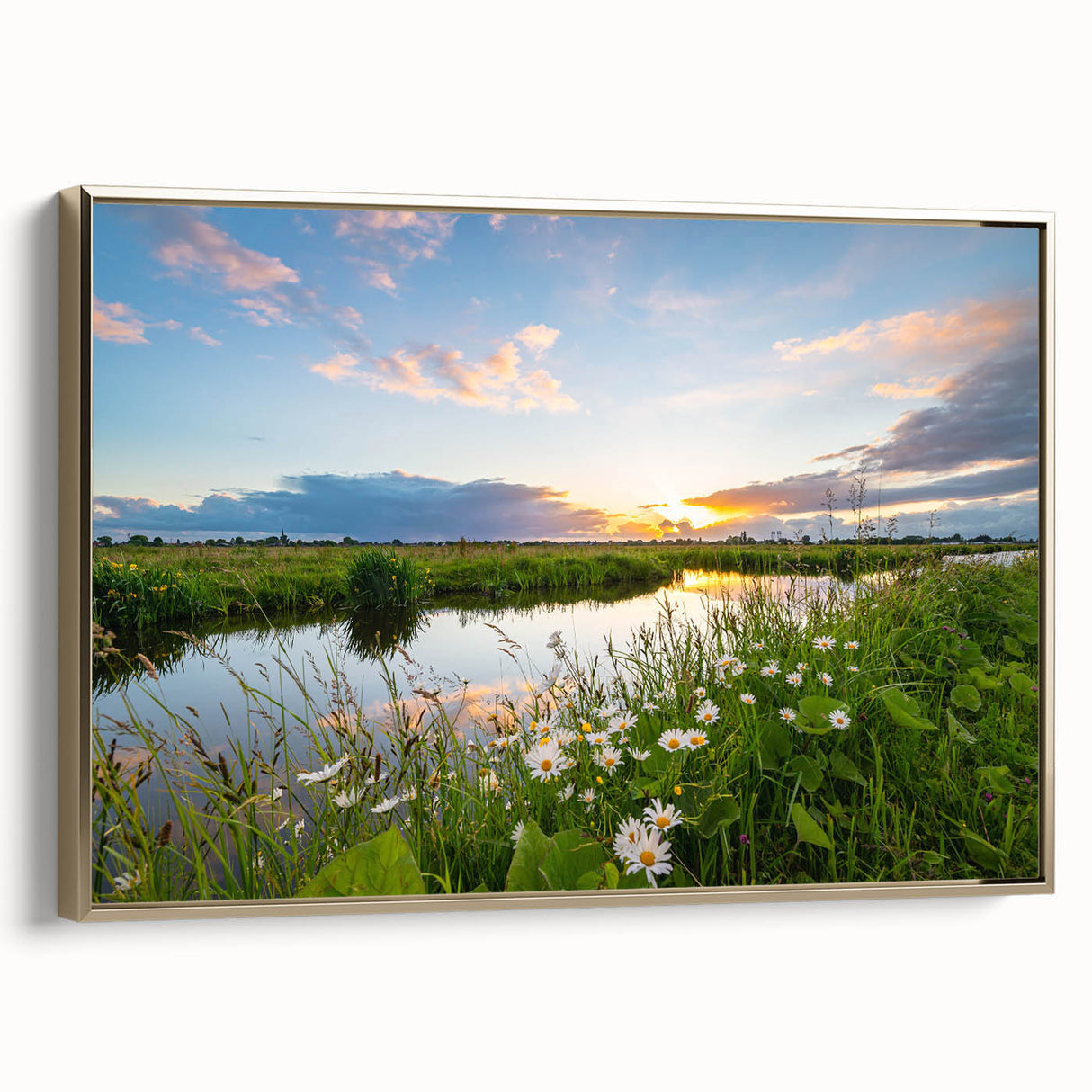 Framed canvas wall art showcasing a serene landscape with a tranquil lake, surrounded by lush greenery and mountains, highlighted by a gold frame, perfect for home decor.