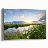Framed landscape wall art showcasing a serene lake scene with lush greenery and soft silver detailing, perfect for modern home decor. Ideal for enhancing living spaces.
