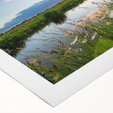 Vibrant rolled canvas featuring tranquil lake landscape art in rich blues and greens, ideal for home decor, showcasing serene nature vibes and stunning detail.