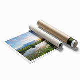 Rolled print of a serene lake landscape wall art design, showcasing vibrant colors and detailed reflections, perfect for home decor or office aesthetics.