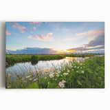 Stretched canvas wall art showcasing a serene lake landscape with vibrant colors and intricate details, perfect for adding tranquility to any room decor.