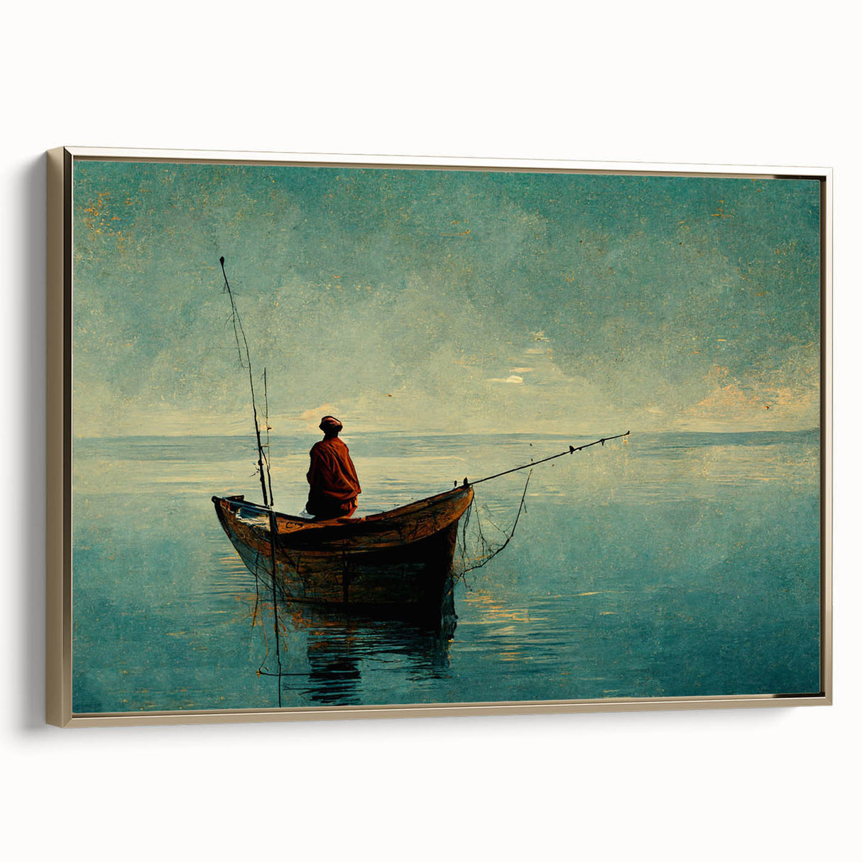 Framed wall art collection showcasing a serene lake landscape design with gold accents, beautifully displayed from a side view, ideal for home decor.