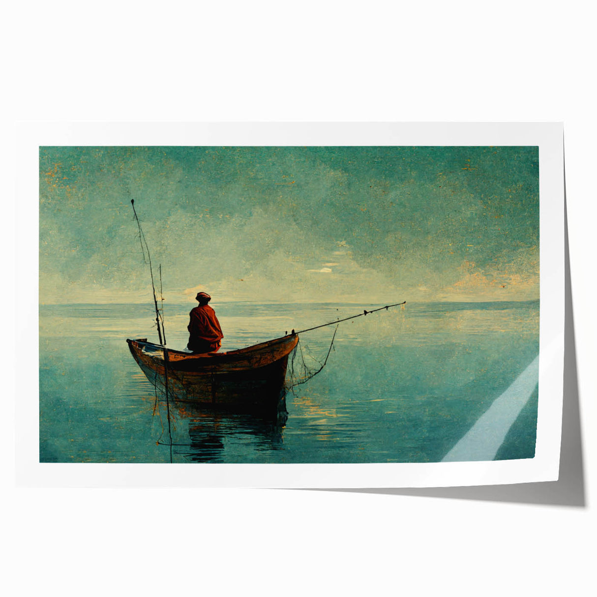 Vibrant rolled print depicting a serene lake landscape at sunset, showcasing rich blues and oranges. Ideal for home decor, adding a tranquil touch to any space.