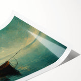 Rolled print showcasing a serene lake landscape with mountains in the background, featuring vibrant colors and intricate details, perfect for home decor.