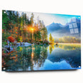 Acrylic glass wall art showcasing a serene landscape lake design, viewed from the side. The artwork is elegantly framed with pins, enhancing its modern aesthetic. Ideal for home decor, it brings tranquility and nature indoors.