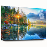 Acrylic glass wall art showcasing a serene landscape lake design, viewed from the side. The artwork is elegantly framed with pins, enhancing its modern aesthetic. Ideal for home decor, it brings tranquility and nature indoors.