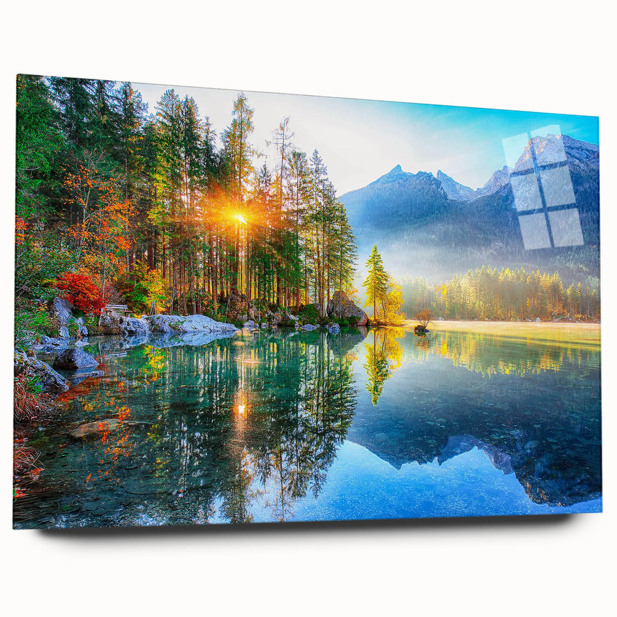 Elegant acrylic glass wall art showcasing a serene lake landscape, framed in a modern style, perfect for contemporary home decor. The vibrant colors and intricate details create a tranquil atmosphere, ideal for enhancing living spaces.