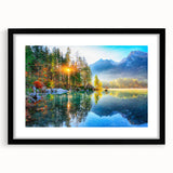 Black-framed wall art featuring a serene landscape with a tranquil lake scene, surrounded by lush greenery and a clear sky, perfect for home decor and relaxation.