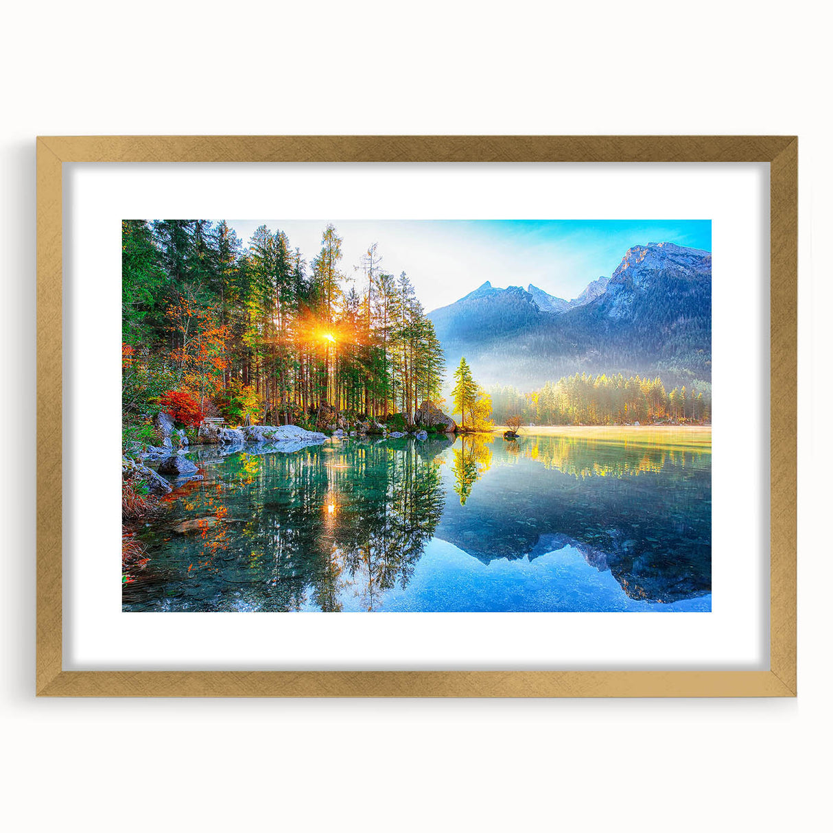 Framed wall art collection featuring serene lake landscapes with a gold mat, perfect for home decor. Ideal for adding tranquility and elegance to any space.