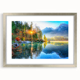 Framed wall art collection showcasing serene lake landscapes in silver frames with white mats, perfect for enhancing home decor and creating a calming atmosphere.