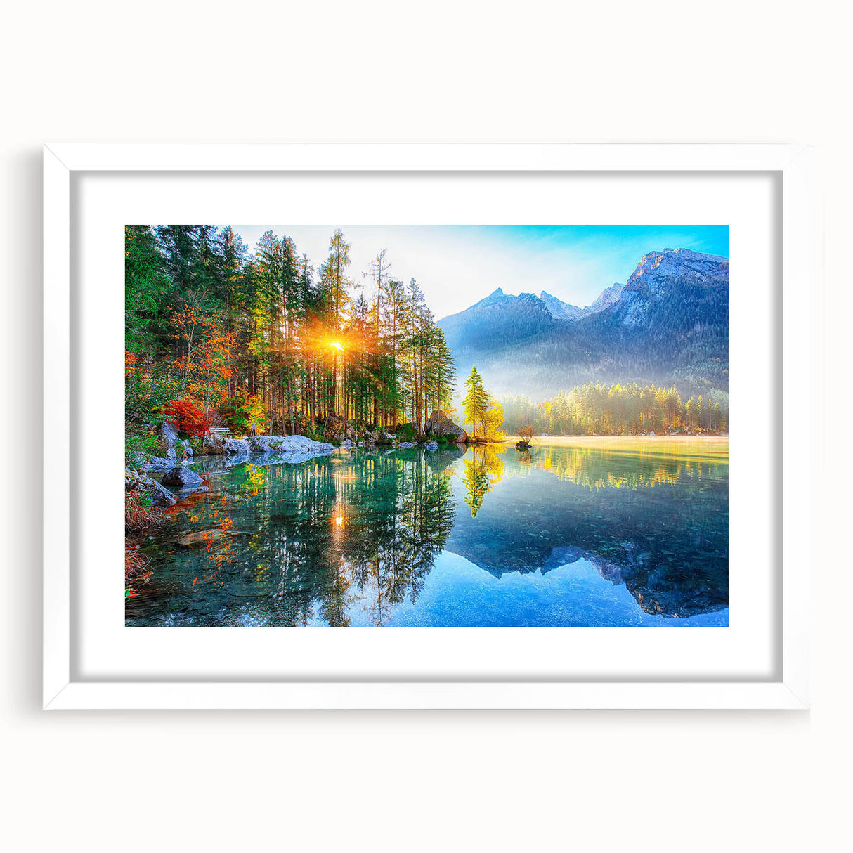 Framed wall art showcasing a serene lakeside landscape with vibrant colors, white matting, and a sleek frame, perfect for home decor enhancement.