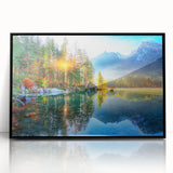 Framed wall art featuring a serene lake landscape in vibrant colors, displayed in a sleek black frame, perfect for enhancing home decor with nature-inspired elegance.