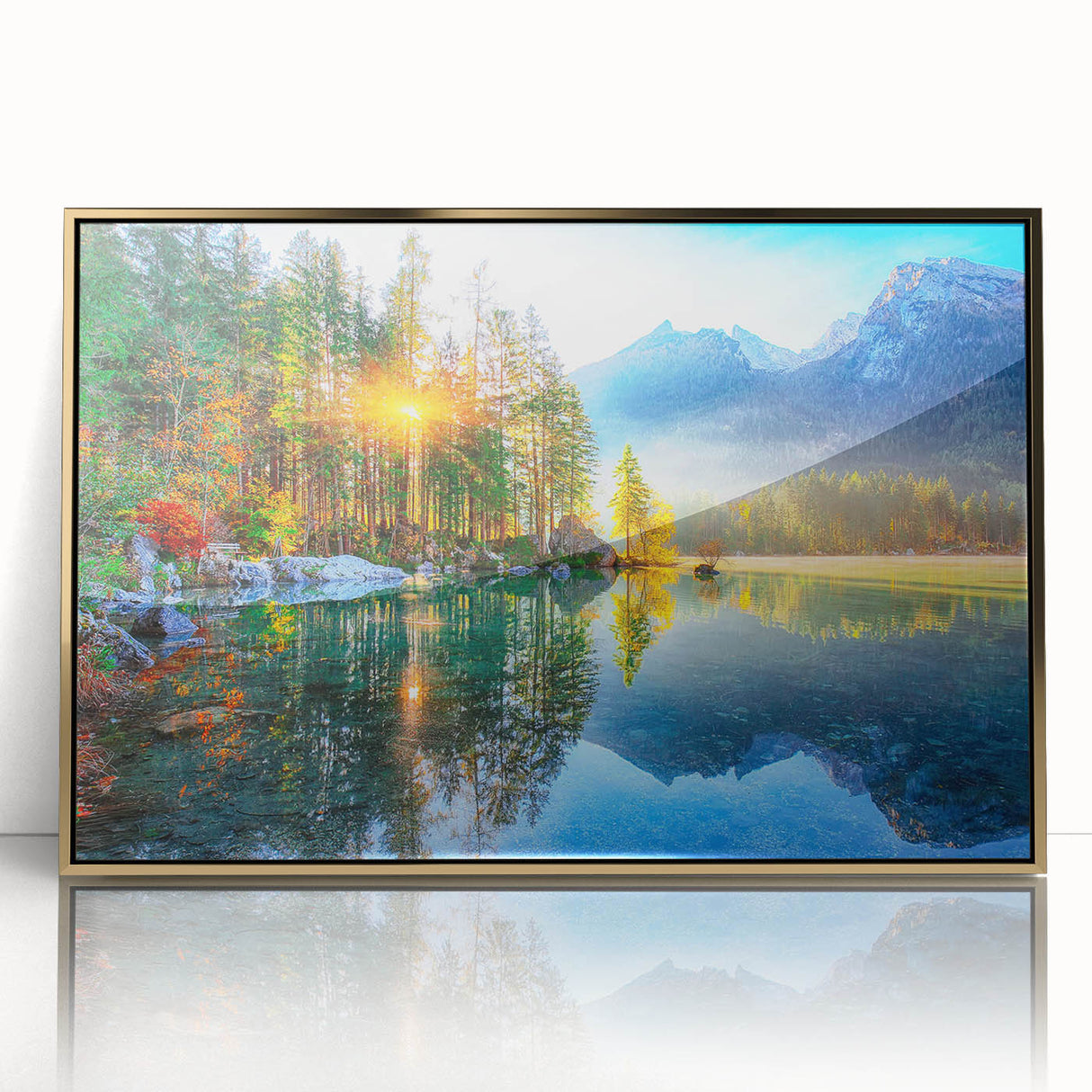 Framed wall art collection showcasing a serene landscape with a tranquil lake, surrounded by lush greenery and a golden accent frame, ideal for home decor.