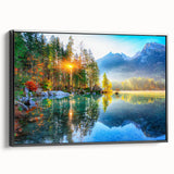 Framed wall art featuring a serene landscape of a tranquil lake surrounded by lush greenery, with a sleek black frame enhancing its elegance. Ideal for home decor.