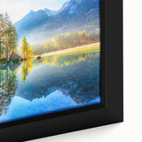 Framed canvas wall art showcasing a serene lakeside landscape with vibrant colors and intricate details, perfect for home decor enhancement.