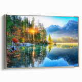 Framed canvas wall art featuring a serene lakeside landscape design with vibrant colors and silver accents, showcasing a contemporary aesthetic for home decor.