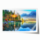 Vibrant rolled print of a serene lake landscape with lush greenery and mountains, perfect for home decor, showcasing nature's tranquility in a stylish design.
