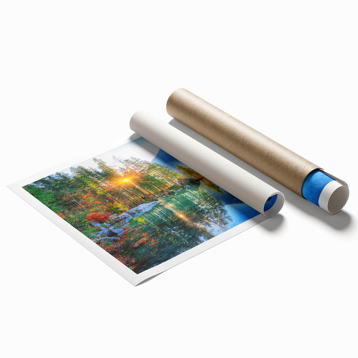 Vibrant landscape wall art print showcasing serene lakes and picturesque mountains, ideal for home decor. Rolled and ready for framing to enhance any space.