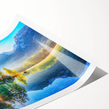 Vibrant rolled print showcasing a serene lake landscape with lush greenery and a clear blue sky, ideal for home decor or artistic inspiration. Perfect for enhancing interior ambiance.