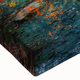 Close-up of a stretched canvas wall art piece showcasing a serene lake landscape design with vibrant colors and detailed textures, perfect for home decor.