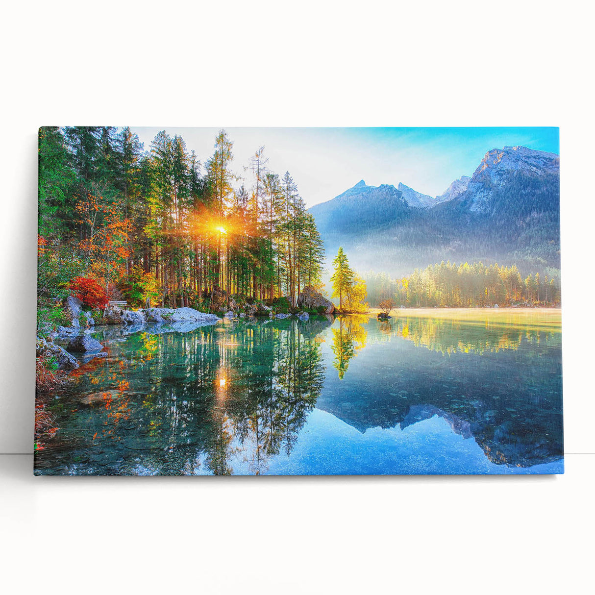 Stretched canvas wall art showcasing a tranquil lakeside landscape with vibrant colors and serene reflections, perfect for enhancing home decor aesthetics.