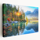 Stretched canvas wall art showcasing a serene lakeside landscape with vibrant colors and detailed textures, perfect for home decor and nature enthusiasts.