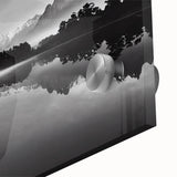 Close-up of a vibrant acrylic glass wall art piece showcasing a serene lake landscape with lush greenery and a clear blue sky, ideal for home decor.